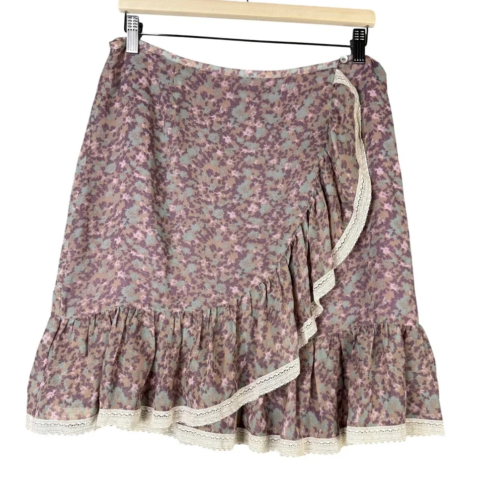 Sundance P10 Silk Floral Faux Wrap Ruffle Skirt Lace Trim Purple Petite 10